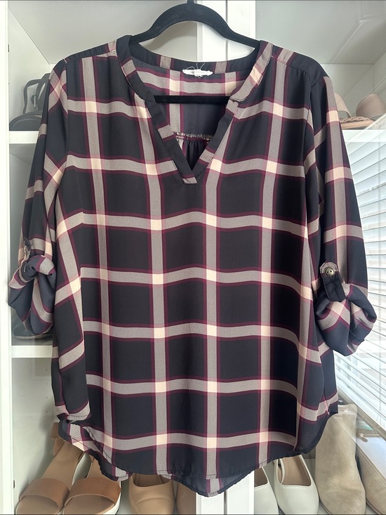 Maurices Tops - Maurice’s Women's Large Sheer Plaid Roll-Sleeve V-Neck Blouse
